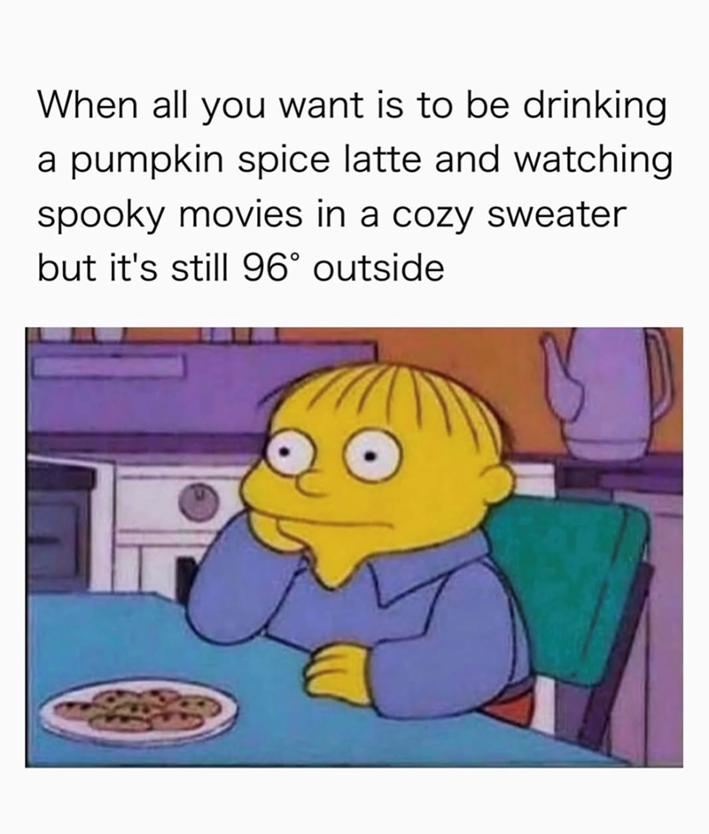 When all you want is to be drinking a pumpkin spice latte and watching spooky movies in a cozy sweater but it's still 96° outside