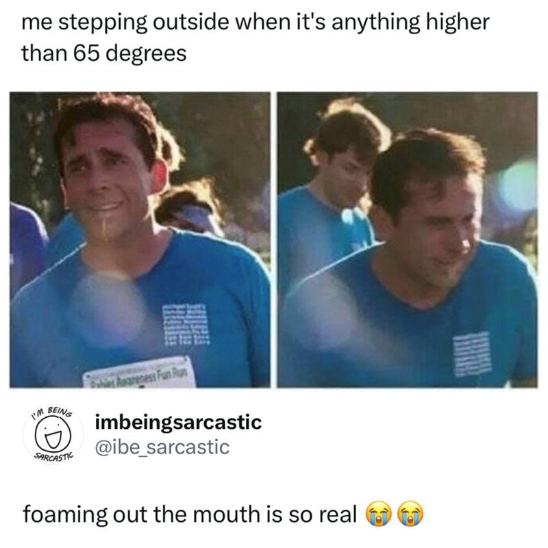 me stepping outside when it's anything higher than 65 degrees Awareness Fun Run I'M. BEING SARCASTIC imbeingsarcastic @ibe_sarcastic foaming out the mouth is so real