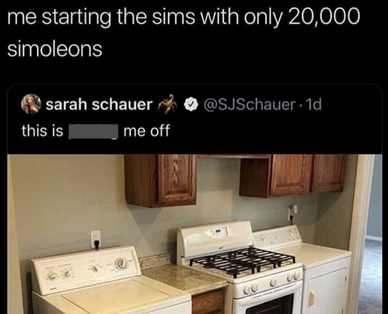me starting the sims with only 20,000 simoleons sarah schauer @SJSchauer. 1d this is me off