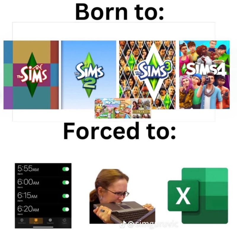 Born to: The SIMS SIMS 2 SIMS SIMS4 5:55AM 6:00AM 6:15AM Alarm 6:20AM G My Sims MEDIEVAL Forced to: Josim uruvic X