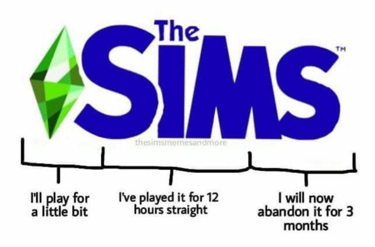 The SIMS thesimsmemesandmore I'll play for a little bit I've played it for 12 hours straight I will now abandon it for 3 months
