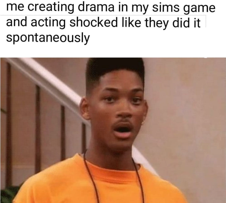 me creating drama in my sims game and acting shocked like they did it spontaneously