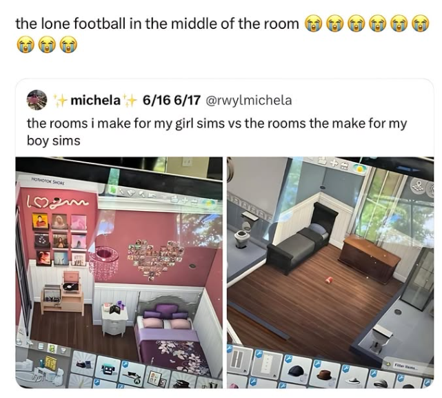 the lone football in the middle of the room o Τα 4+2 michela 6/16 6/17 @rwylmichela the rooms i make for my girl sims vs the rooms the make for my boy sims 349 BRAZRE HOTHOTO SHORE 102m