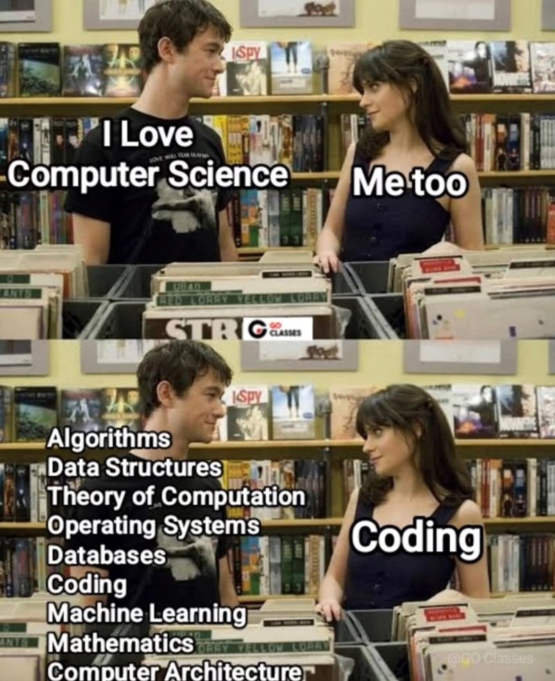Spy I Love Computer Science UB40 ANT ORAY YELLOW LORAY STRIC CLASSES Spy Me too Algorithms Data Structures Theory of Computation Operating Systems Databases Coding Machine Learning ANTE Mathematics HRY YELLOW LORRY Computer Architecture Coding @GO Classes