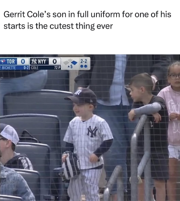 Gerrit Cole's son in full uniform for one of his starts is the cutest thing ever TOR BICHETTE ONYY 0-2 COLE O 2-2 72 P