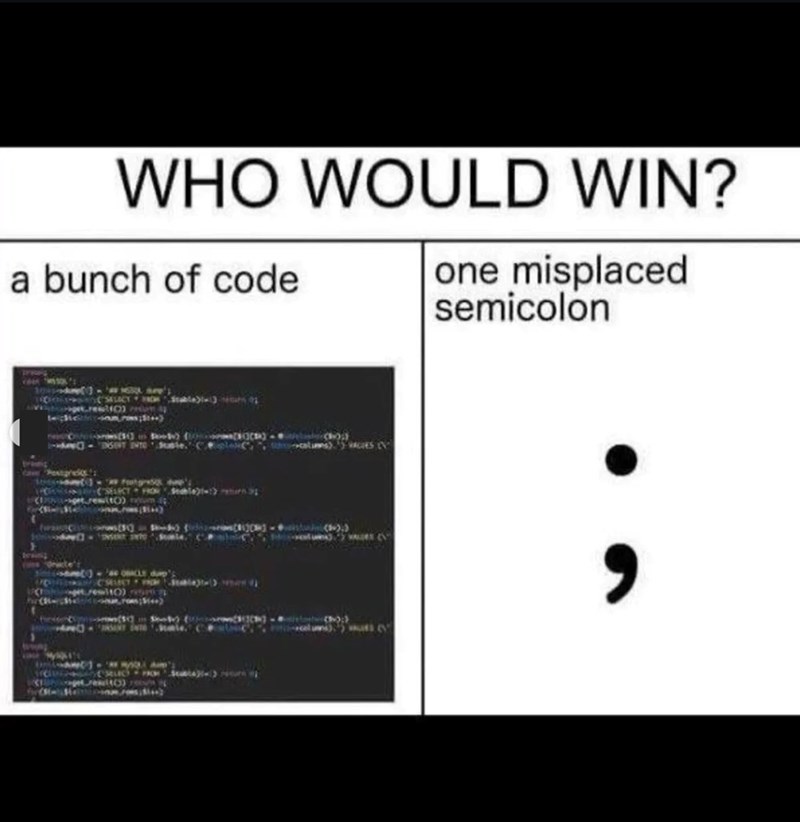 WHO WOULD WIN? a bunch of code one misplaced semicolon (rewit() tum ONICLE dup Seable)) return us) ACES str()) (