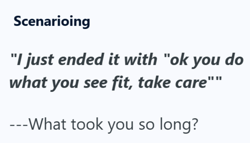 Scenarioing "I just ended it with "ok you do what you see fit, take care" ---What took you so long?