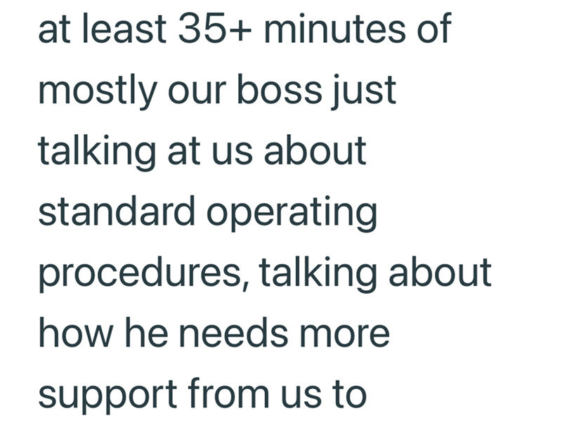 at least 35+ minutes of mostly our boss just talking at us about standard operating procedures, talking about how he needs more support from us to