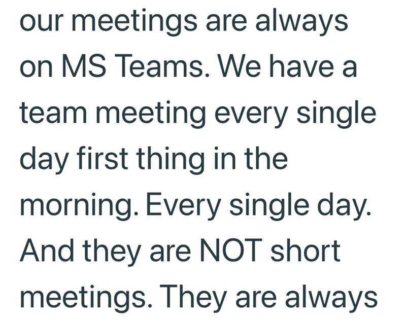 our meetings are always on MS Teams. We have a team meeting every single day first thing in the morning. Every single day. And they are NOT short meetings. They are always