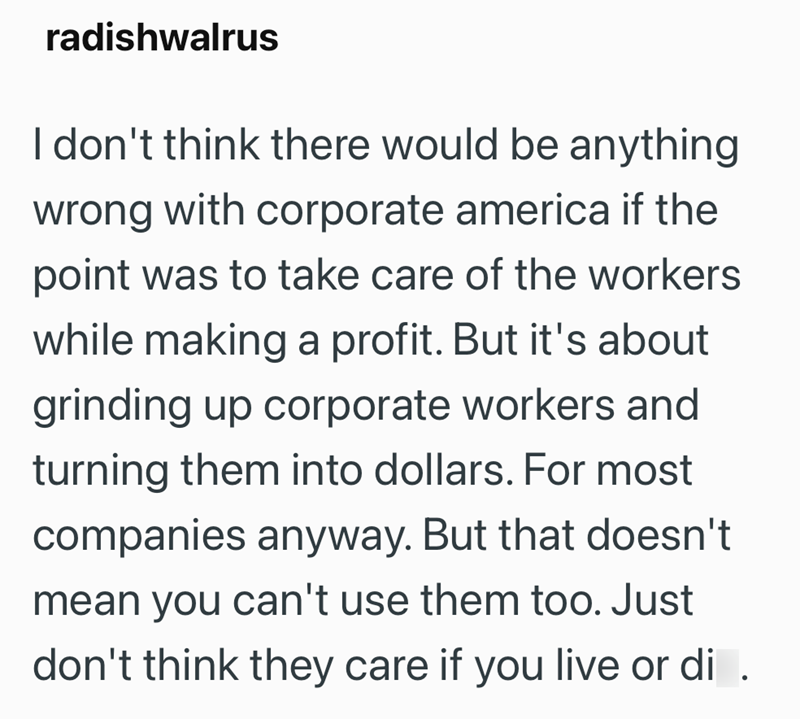 radishwalrus I don't think there would be anything wrong with corporate america if the point was to take care of the workers while making a profit. But it's about grinding up corporate workers and turning them into dollars. For most companies anyway. But that doesn't mean you can't use them too. Just don't think they care if you live or di .