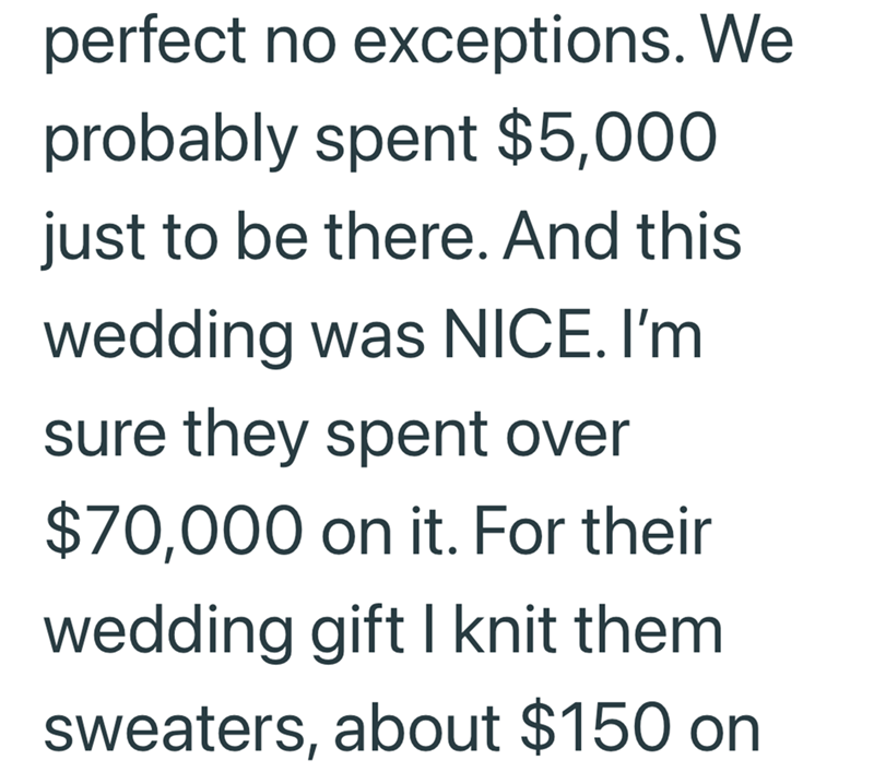 perfect no exceptions. We probably spent $5,000 just to be there. And this wedding was NICE. I'm sure they spent over $70,000 on it. For their wedding gift I knit them. sweaters, about $150 on