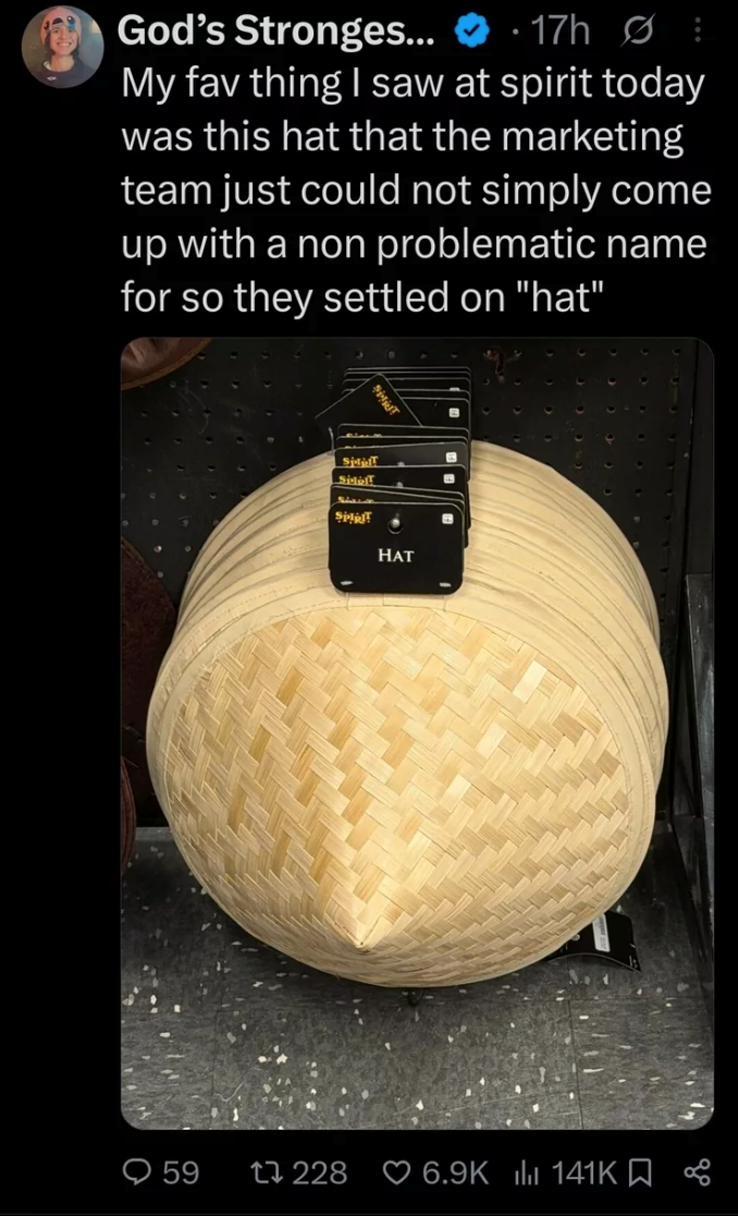 God's Stronges... • : 17h Ø My fav thing I saw at spirit today was this hat that the marketing team just could not simply come up with a non problematic name for so they settled on "hat" 59 B Spill Side Spirit B HAT 228 6.9K 141K %
