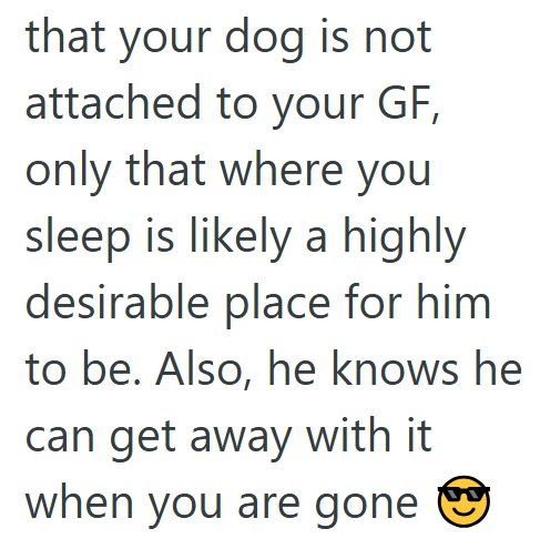 that your dog is not attached to your GF, only that where you sleep is likely a highly desirable place for him to be. Also, he knows he can get away with it when you are gone