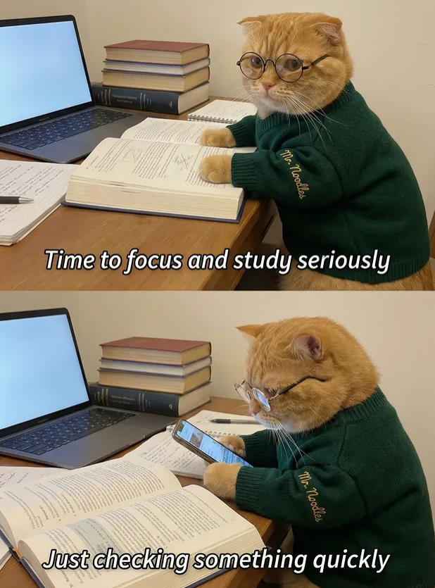 Mr. Noodles Time to focus and study seriously Mr. Noodles Just checking something quickly
