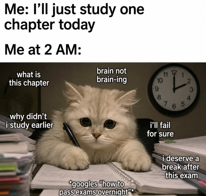 Me: I'll just study one chapter today Me at 2 AM: what is this chapter why didn't i study earlier brain not brain-ing 11 12 1 10 2 9 3 8 4. 7 *googles "how to pass exams overnight"* i'll fail for sure 65 i deserve a break after this exam