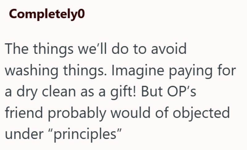 Completely0 The things we'll do to avoid washing things. Imagine paying for a dry clean as a gift! But OP's friend probably would of objected under "principles"
