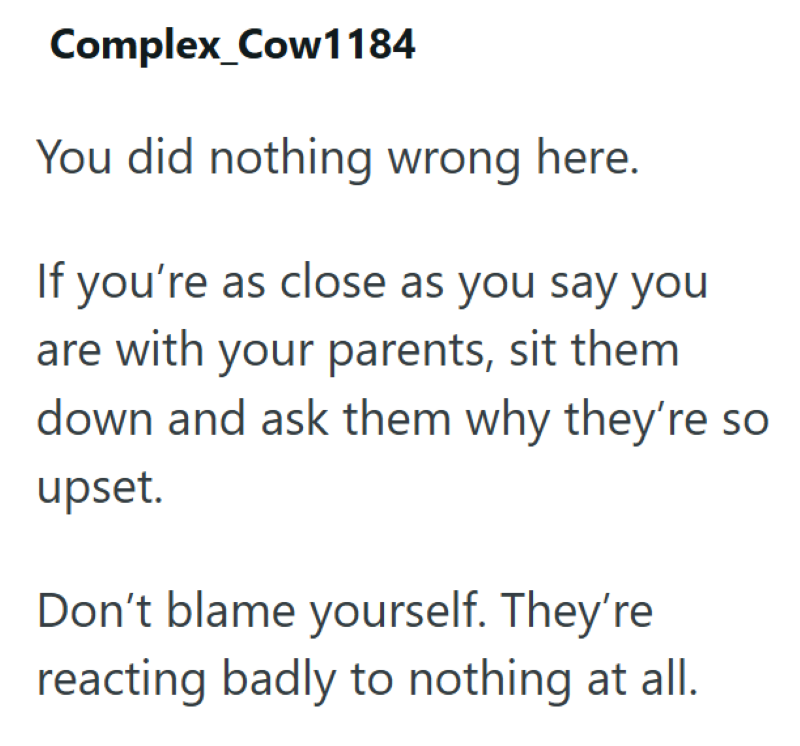 Complex_Cow1184 You did nothing wrong here. If you're as close as you say you are with your parents, sit them down and ask them why they're so upset. Don't blame yourself. They're reacting badly to nothing at all.