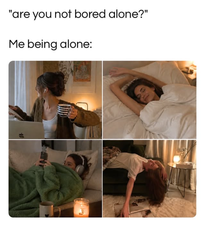 "are you not bored alone?" Me being alone: