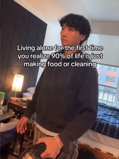 Living alone for the first time you realize 90% of life is just making food or cleaning