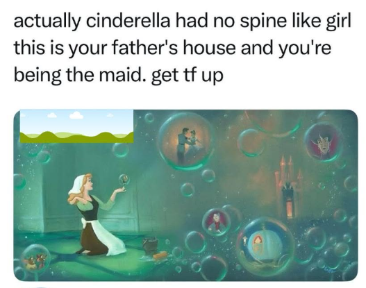 actually cinderella had no spine like girl this is your father's house and you're being the maid. get tf up