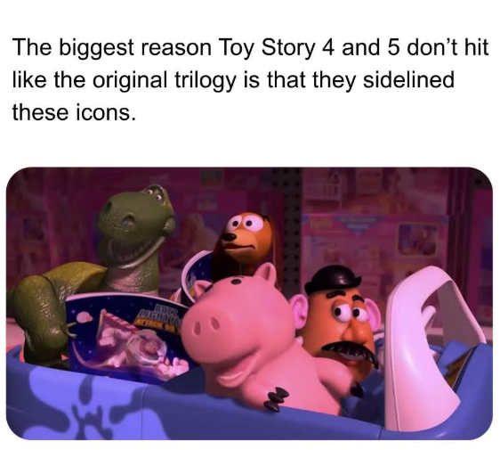 The biggest reason Toy Story 4 and 5 don't hit like the original trilogy is that they sidelined these icons. UGH ATTACK