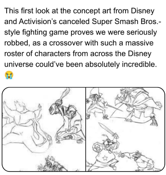 This first look at the concept art from Disney and Activision's canceled Super Smash Bros.- style fighting game proves we were seriously robbed, as a crossover with such a massive roster of characters from across the Disney universe could've been absolutely incredible.