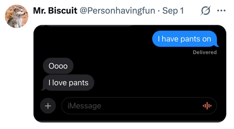 Mr. Biscuit @Personhavingfun Sep 1 ... . Oooo I love pants + iMessage I have pants on Delivered