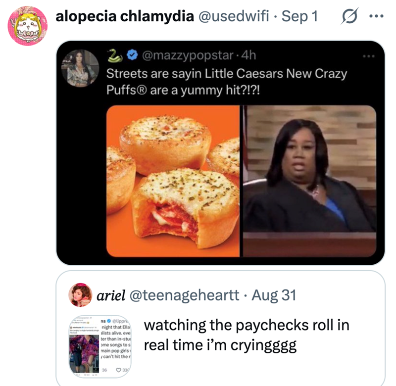 cap alopecia chlamydia @usedwifi - Sep 1 @mazzypopstar. 4h Streets are sayin Little Caesars New Crazy PuffsⓇ are a yummy hit?!?! • ariel @teenageheartt · Aug 31 ns@lippre night that Ella alists alive. eve ter than in-stu ome songs to s main pop girls can't hit the r watching the paychecks roll in real time i'm cryingggg 36 339