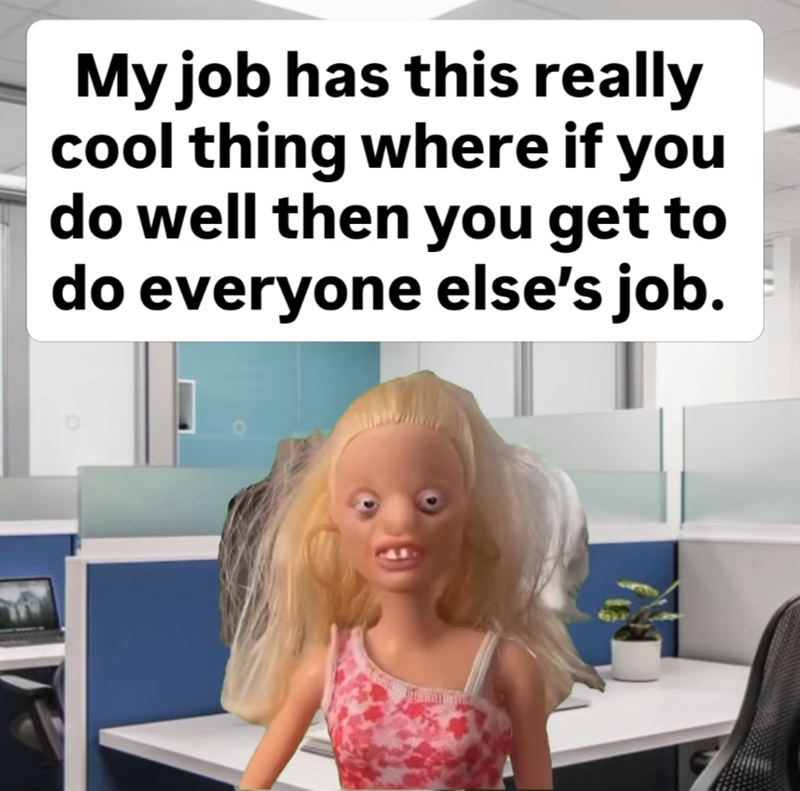 My job has this really cool thing where if you do well then you get to do everyone else's job.