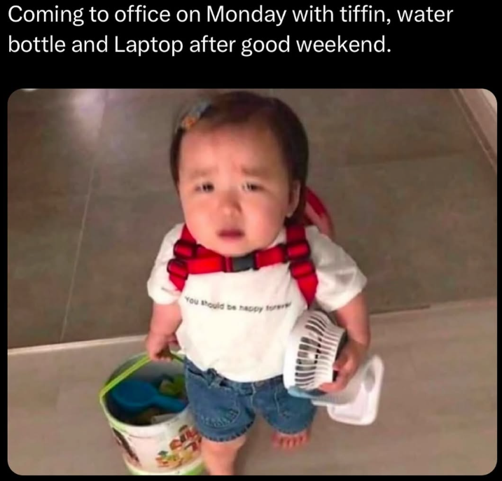 Coming to office on Monday with tiffin, water bottle and Laptop after good weekend. You should be happy