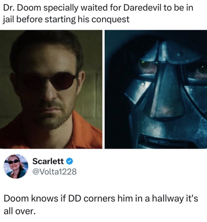 Dr. Doom specially waited for Daredevil to be in jail before starting his conquest Scarlett ❤ @Volta1228 Doom knows if DD corners him in a hallway it's all over.