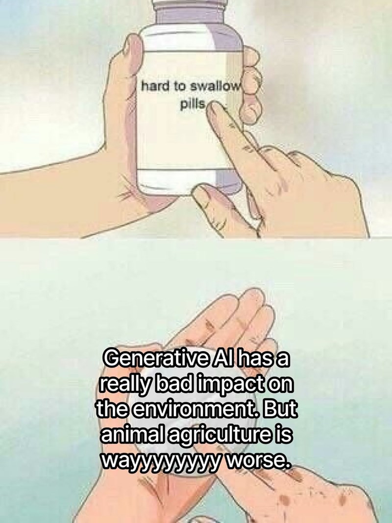 hard to swallow pills Generative Al has a really bad impact on the environment. But animal agriculture is wayyyyyyyy worse.