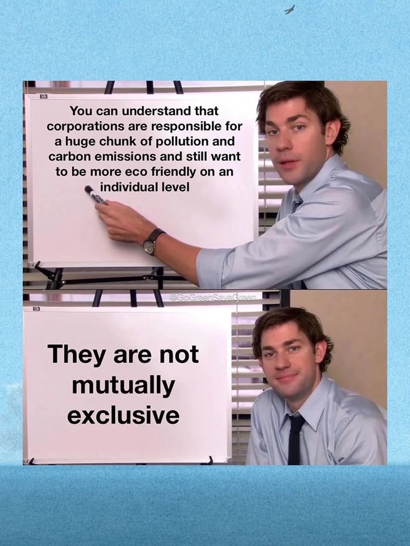 You can understand that corporations are responsible for a huge chunk of pollution and carbon emissions and still want to be more eco friendly on an individual level They are not mutually exclusive