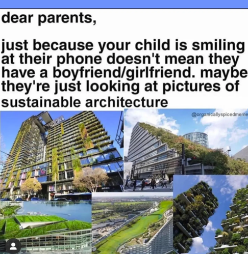 dear parents, just because your child is smiling at their phone doesn't mean they have a boyfriend/girlfriend. maybe they're just looking at pictures of sustainable architecture G @organicallyspicedmeme