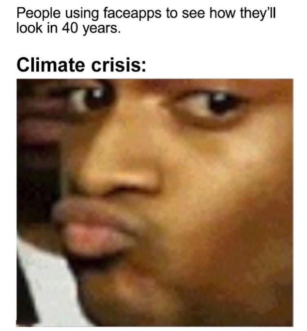 People using faceapps to see how they'll look in 40 years. Climate crisis: