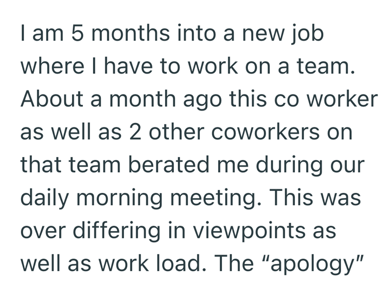 I am 5 months into a new job where I have to work on a team. About a month ago this co worker as well as 2 other coworkers on that team berated me during our daily morning meeting. This was over differing in viewpoints as well as work load. The "apology"