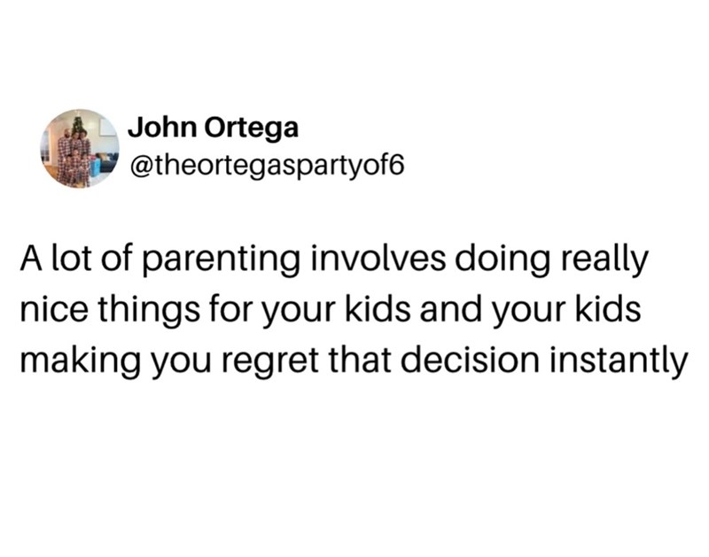 John Ortega @theortegaspartyof6 A lot of parenting involves doing really nice things for your kids and your kids making you regret that decision instantly
