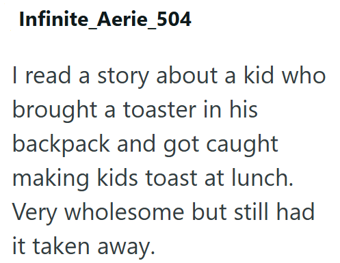 Infinite Aerie_504 I read a story about a kid who brought a toaster in his backpack and got caught making kids toast at lunch. Very wholesome but still had it taken away.