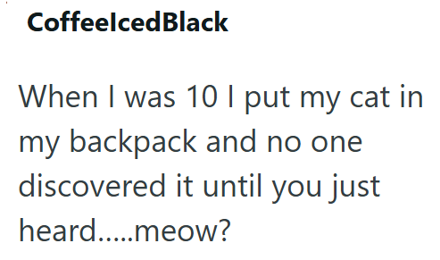 CoffeelcedBlack When I was 10 I put my cat in my backpack and no one discovered it until you just heard.....meow?