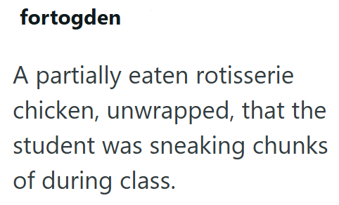 fortogden A partially eaten rotisserie chicken, unwrapped, that the student was sneaking chunks of during class.