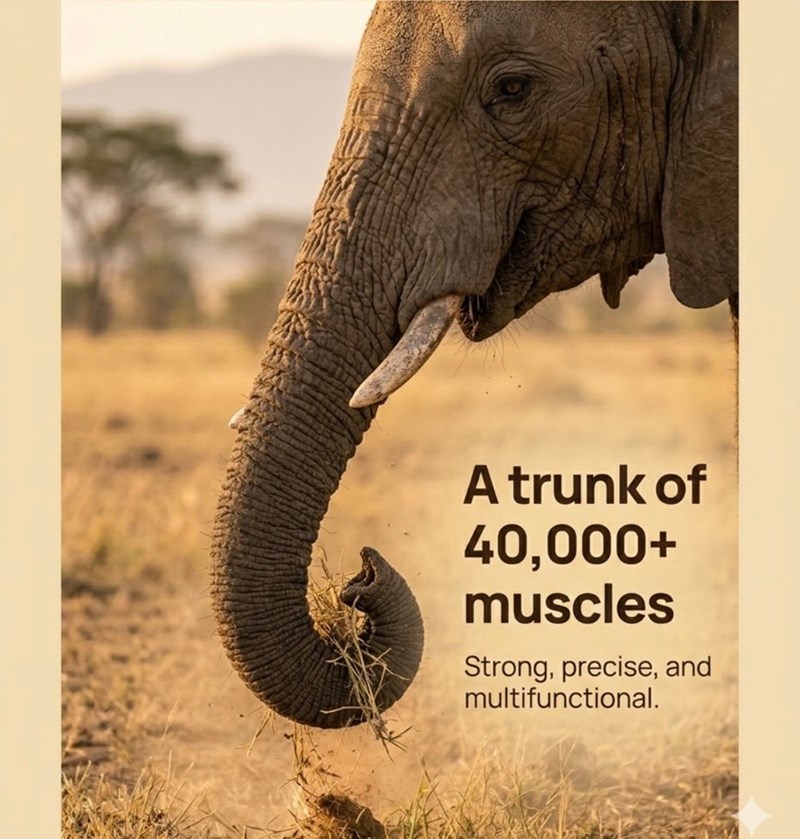 A trunk of 40,000+ muscles Strong, precise, and multifunctional.