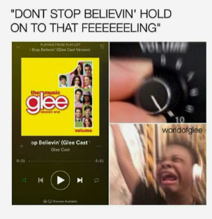 "DONT STOP BELIEVIN' HOLD ON TO THAT FEEEEEELING" 0:01 PLAYING FROM PLAYLIST Stop Bellovin' (Glee Cast Version thermusic glee volume op Believin' (Glee Cast Glee Cast K ► -3161 > worldofglee