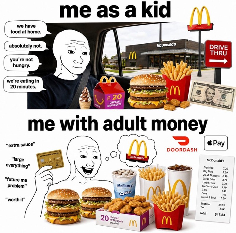 we have food at home. absolutely not. you're not hungry. we're eating in 20 minutes. me as a kid McDonald's DRIVE THRU 鍋 20 CHICKEN MCNUGGETS M L 62824485L 6224185 TIVE DOLLARS O me with adult money "extra sauce" "large everything" "future me problem" "worth it" AMERICAN EXPRESS 3759 876543 21001 M McDonald's McFlurry OREO DOORDASH Pay McDonald's Big Mac 7.29 Big Mac 7.29 20 McNuggets 8.99 Large Fries 3.79 Large Fries 3.79 McFlurry Oreo 4.49 Coke 1.49 Coke 1.49 Sweet & Sour 0.30 Subtotal 38.91 3