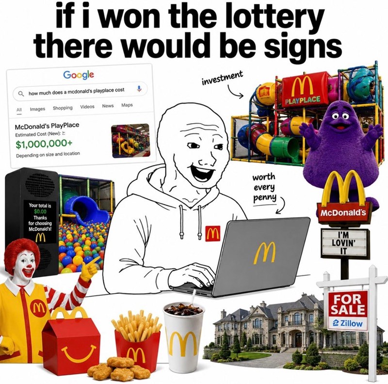 if i won the lottery there would be signs Google Qhow much does a mcdonald's playplace cost investment All Images Shopping Videos News Maps McDonald's PlayPlace Estimated Cost (New):: $1,000,000+ Depending on size and location Your total is $0.00 Thanks for choosing McDonald's! M M 3 PLAYPLACE worth every penny M McDonald's M I'M LOVIN' IT FOR SALE 2 Zillow
