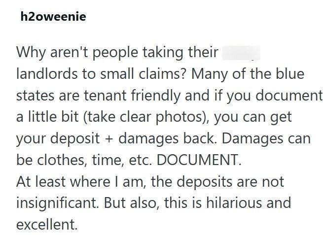 h2oweenie Why aren't people taking their landlords to small claims? Many of the blue states are tenant friendly and if you document a little bit (take clear photos), you can get your deposit + damages back. Damages can be clothes, time, etc. DOCUMENT. At least where I am, the deposits are not insignificant. But also, this is hilarious and excellent.