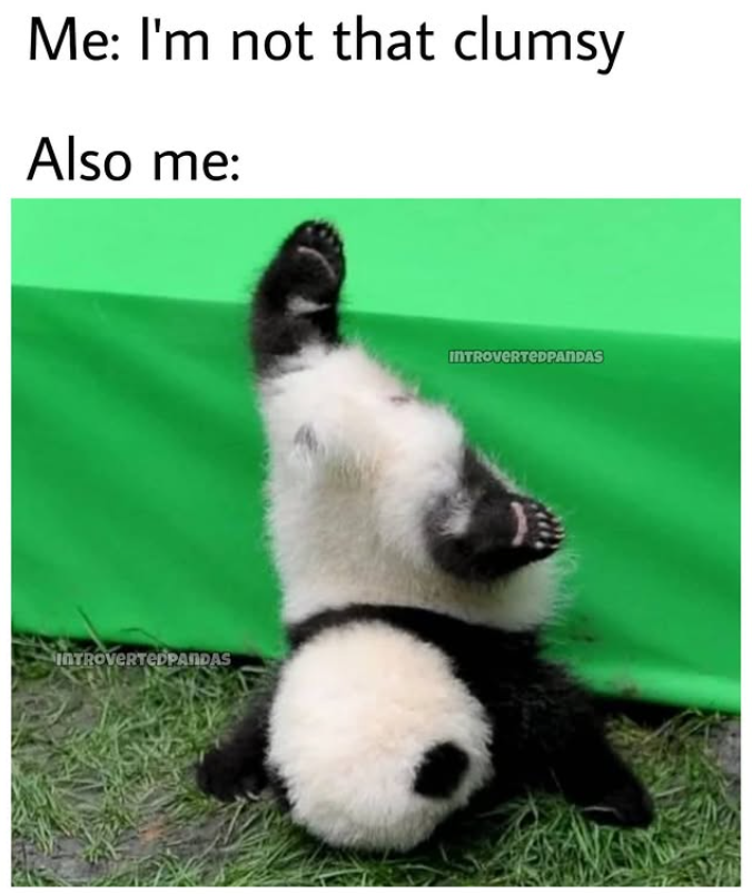 Me: I'm not that clumsy Also me: INTROVERTEDPANDAS INTROVERTEDPANDAS
