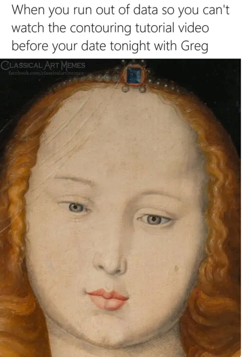 When you run out of data so you can't. watch the contouring tutorial video before your date tonight with Greg CLASSICAL ART MEMES facebook.com/classicalartmemes