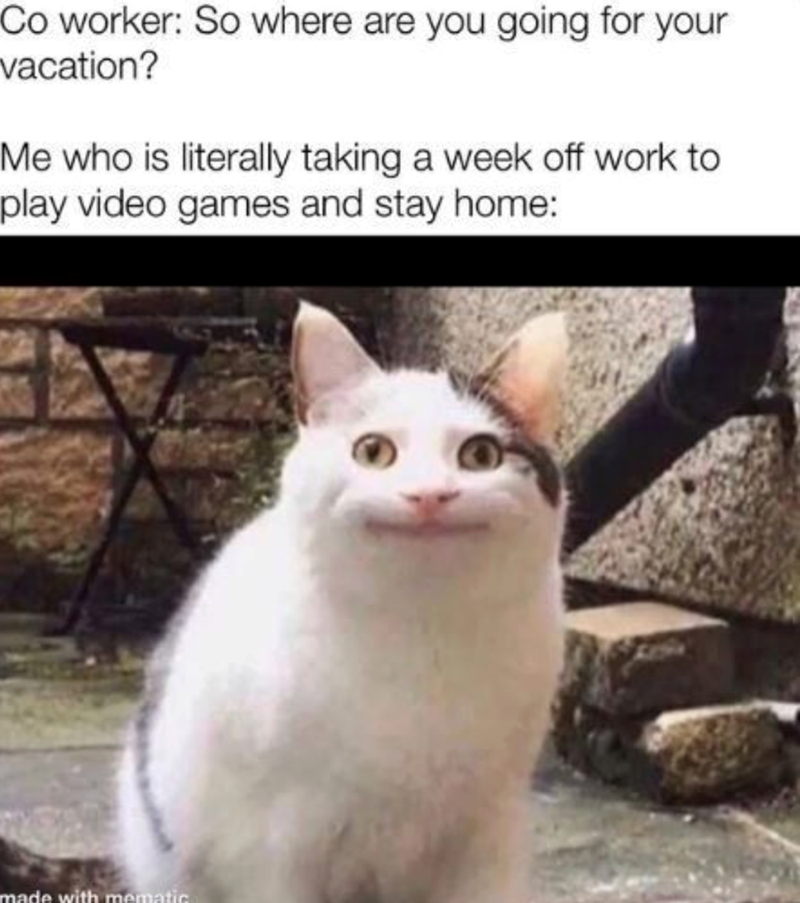 Co worker: So where are you going for your vacation? Me who is literally taking a week off work to play video games and stay home: made with mematic