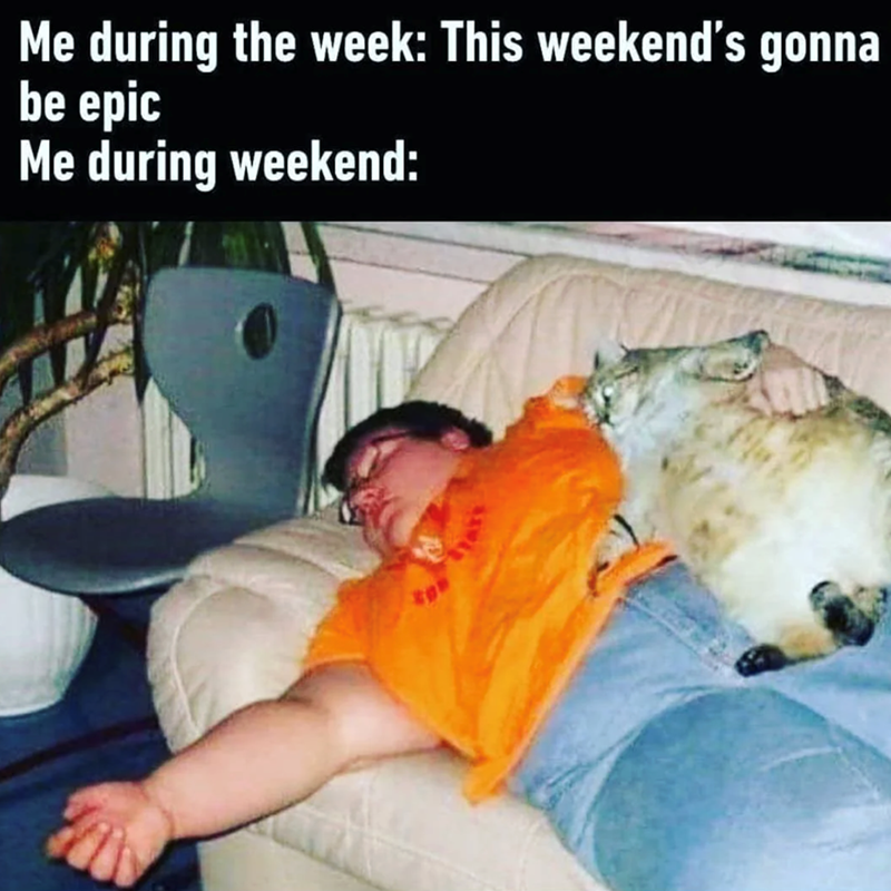 Me during the week: This weekend's gonna be epic Me during weekend: