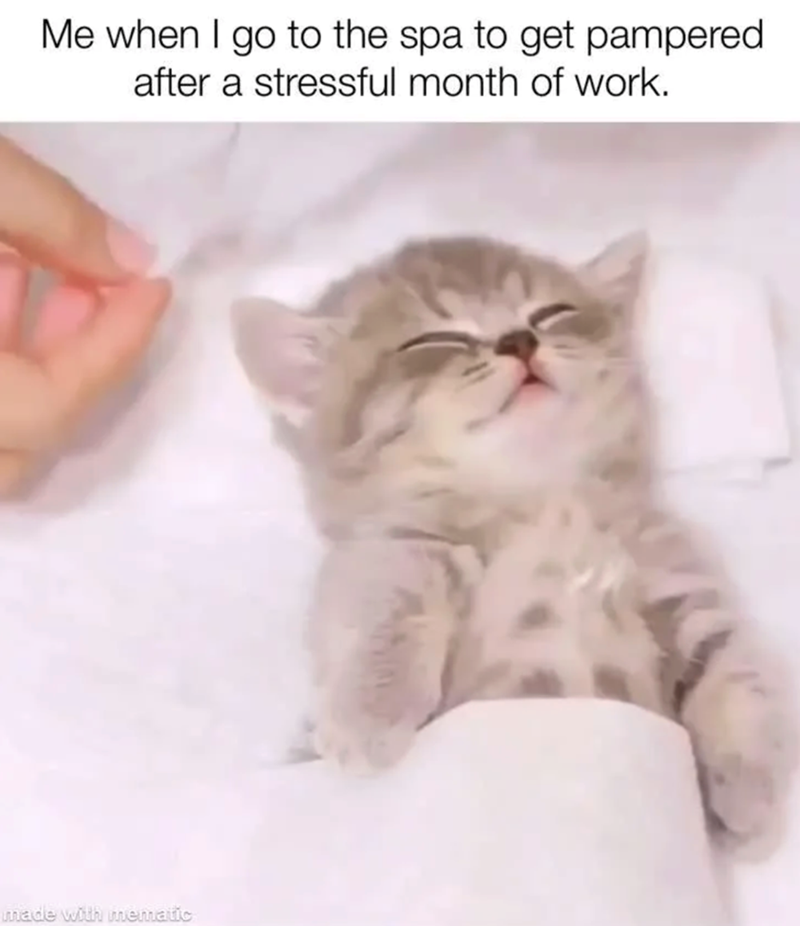 Me when I go to the spa to get pampered. after a stressful month of work. made with mematic